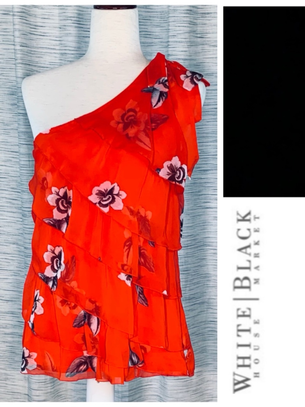 White House Black Market One-Shoulder Orange-Red Floral Tiered Top.